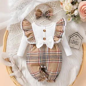 Baby Girls' Casual Round Neck Plaid Long Sleeve Jumpsuit With Headband, Spring/Autumn