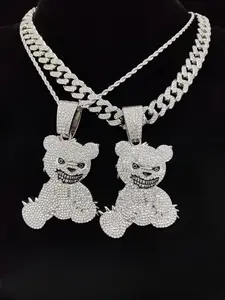 Unisex Punk Style Bear Pendant Necklace, Rhinestone Decor Cuban Chain Necklace, Fashion Jewelry for Party, Daily Decor, Bling Stylish Accessory, Jewelry for Birthday Gift, Valentine's Day, Cuban Link Chain, Necklaces Men, Statement Necklace