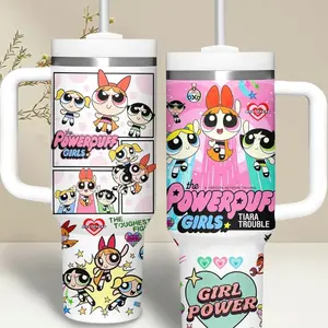 [Elysian Sip] - The Powerpuff Girls Vintage Cartoon Hero Trio Aesthetic 40oz & 20oz Stainless Steel Tumbler with Handle – Townsville Insulated Mug, Fans Style Cup, Cute Retro Y2K Design, Leakproof Travel Gift.