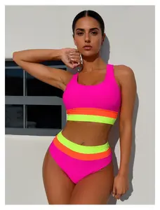 Peach Bikini Set for Women High Waist - Triangle Swimsuit with Spliced Back & Belt - Beachwear, Bathing Suit, Summer Swimsuits