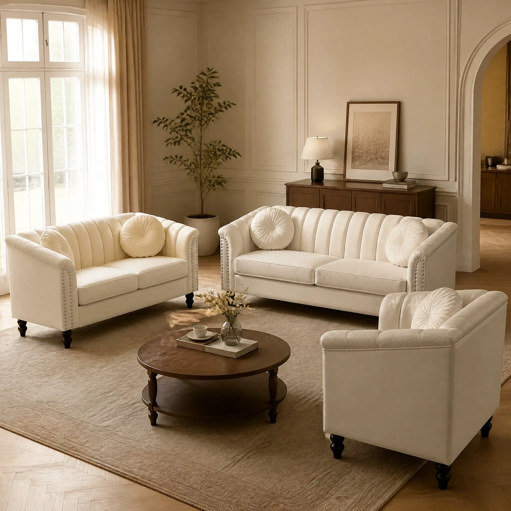 Indoor Living Room 3-Piece White Microfiber Sofa Set - Comfortable Home Decor Furniture