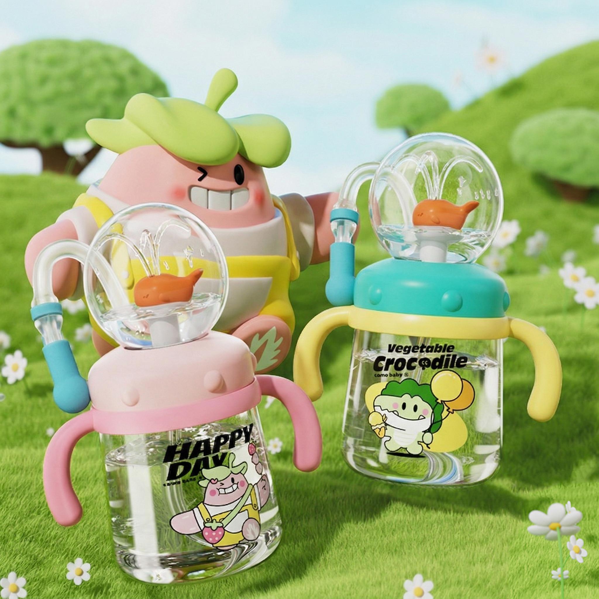 【COMOBEBE】10oz Spill-Proof Tritan Rocket Ship & Whale Fountain Sippy Cup – BPA-Free, Soft Straw, Fun Spray Design, Dishw