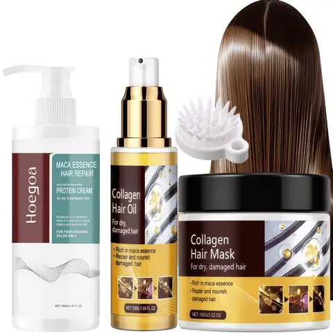 3-Piece Collagen-Keratin Blend Hair Treatment Kit - Hydrating Mask (Argan/Castor/Rosemary Oils), Essential Oil, Shampoo Brush, Repair System, Fixes Dry Damaged Strands, Prevents Split Ends-Breakage, Strengthens Strands