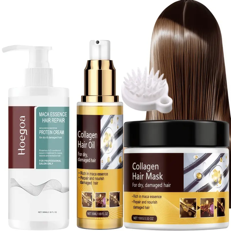3-Piece Collagen-Keratin Blend Hair Treatment Kit - Hydrating Mask (Argan/Castor/Rosemary Oils), Essential Oil, Shampoo Brush, Repair System, Fixes Dry Damaged Strands, Prevents Split Ends-Breakage, Strengthens Strands