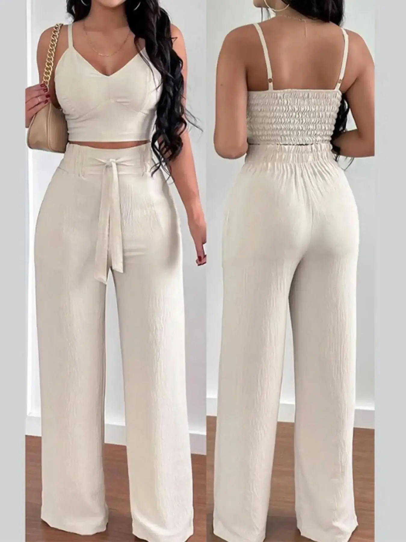 Women's Solid Shirred Crop Cami Top & Tie Front Wide Leg Pants Two-Piece Set, Casual Fashion Cozy Two Piece Outfits for Daily Outdoor Wear, Ladies Clo