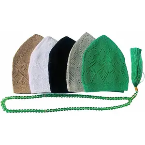 5X Islamic Muslim Knitting Kufi Topi Prayer Hat Skull Cap Elastic One Size Fits All (Set of 5) with 1 Tasbhi Tasbih Beads Prayer Beads