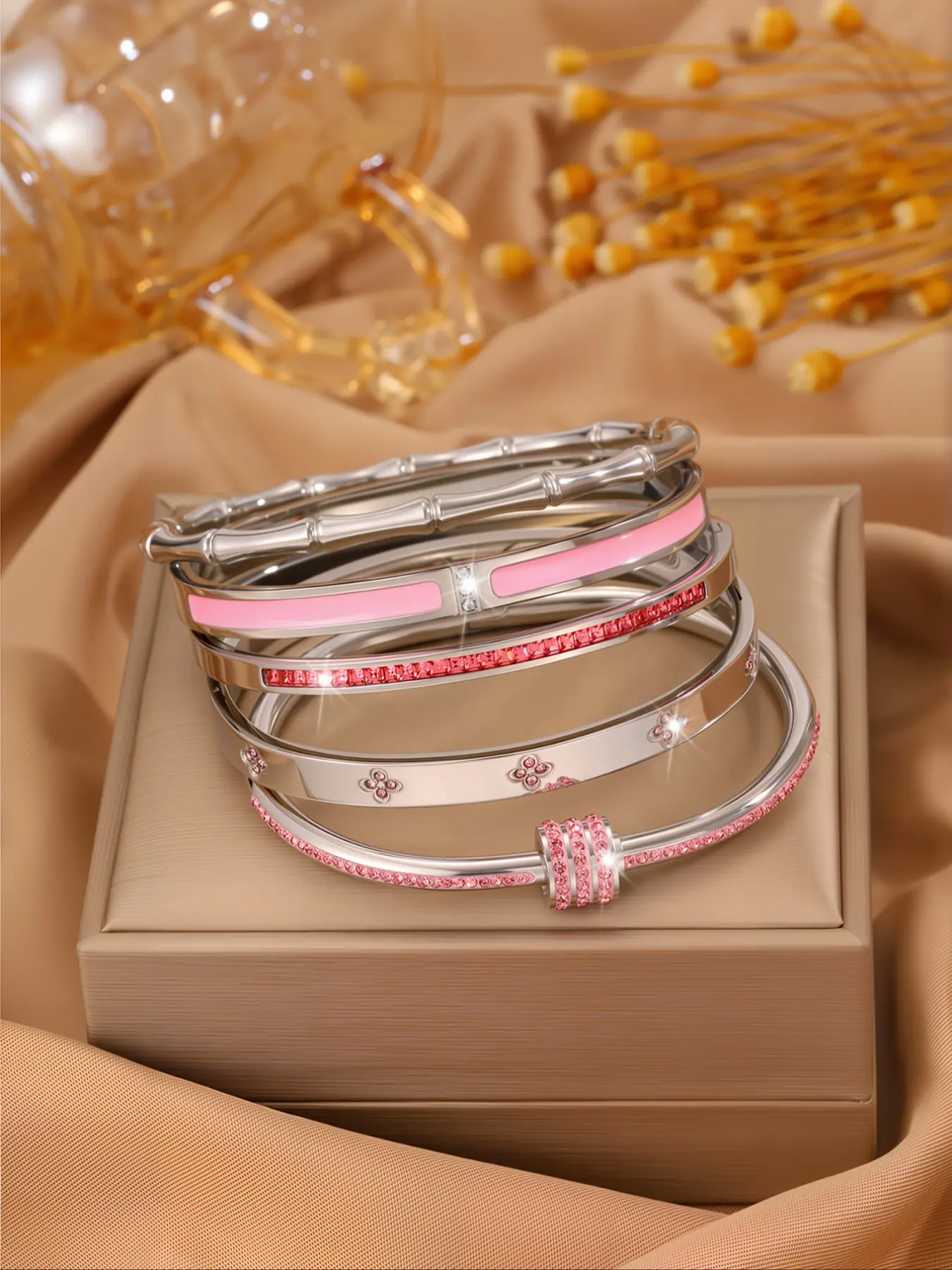 5-Piece Stainless Steel Bracelet Set, Elegant Layered Design, Fashionable Bracelet Style, High Quality Bracelet, Lightweight Fashion Casual Trendy Bracelets Jewelry for Parties & Gifts, Elegant Bangle, Stackable Bracelet Set