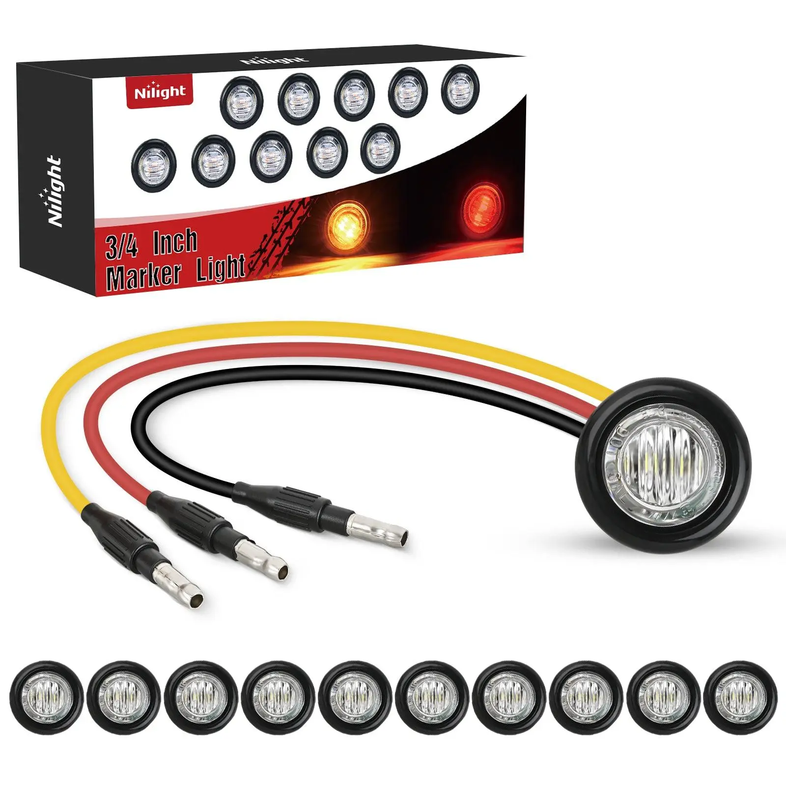 Nilight 3/4-Inch Dual Color LED Marker Bullet Lights, 10PCS Amber-to-Red 3-Plug IP68 Waterproof Turn Signal Brake Lights for Truck, Trailer, Golf Cart Fenders, Boats