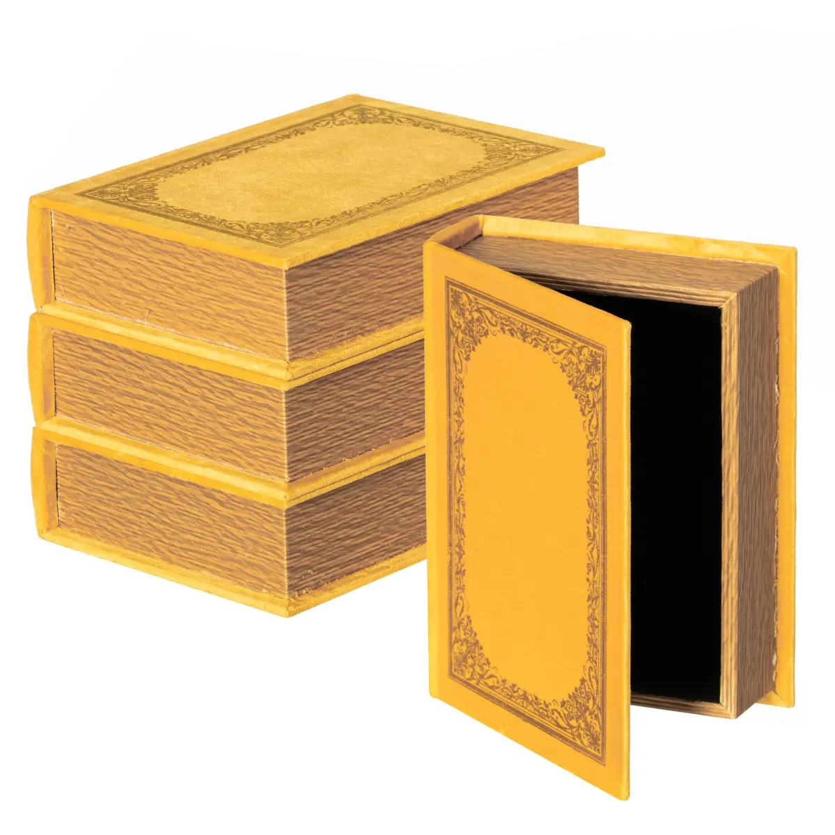 Vintiquewise QI003691.Y.4 4-Piece Yellow Wooden Velvet Traditional Storage Boxes - Home Organiser, Decor Piece for Shelf Display; Antique Farmhouse Container for Kitchen Items, Wedding/Thanksgiving Gift, Personalized Gift Option, Colleagues