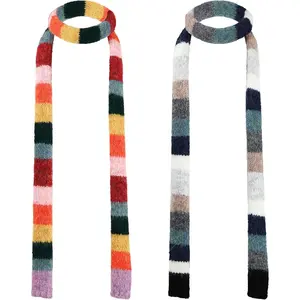 2 Pcs Y2k Striped Scarf for Women Long Skinny Scarf Fuzzy Fluffy Neckerchief Colorful Rainbow Knit Thin