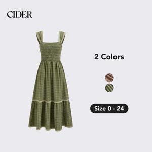Cider [2 colors, size 0-24] Square Neck Shirred Gingham Maxi Dress Dealsforyou
