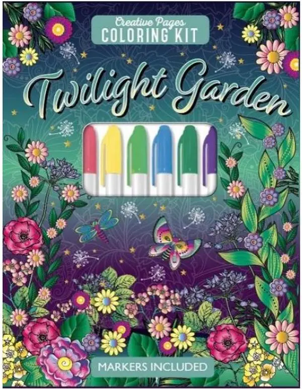 Page Publications Twilight Garden Theme English Coloring Book Kit - Acrylic Markers Included, Relaxation Stress Relief Supplies for Adult Coloring Enthusiasts