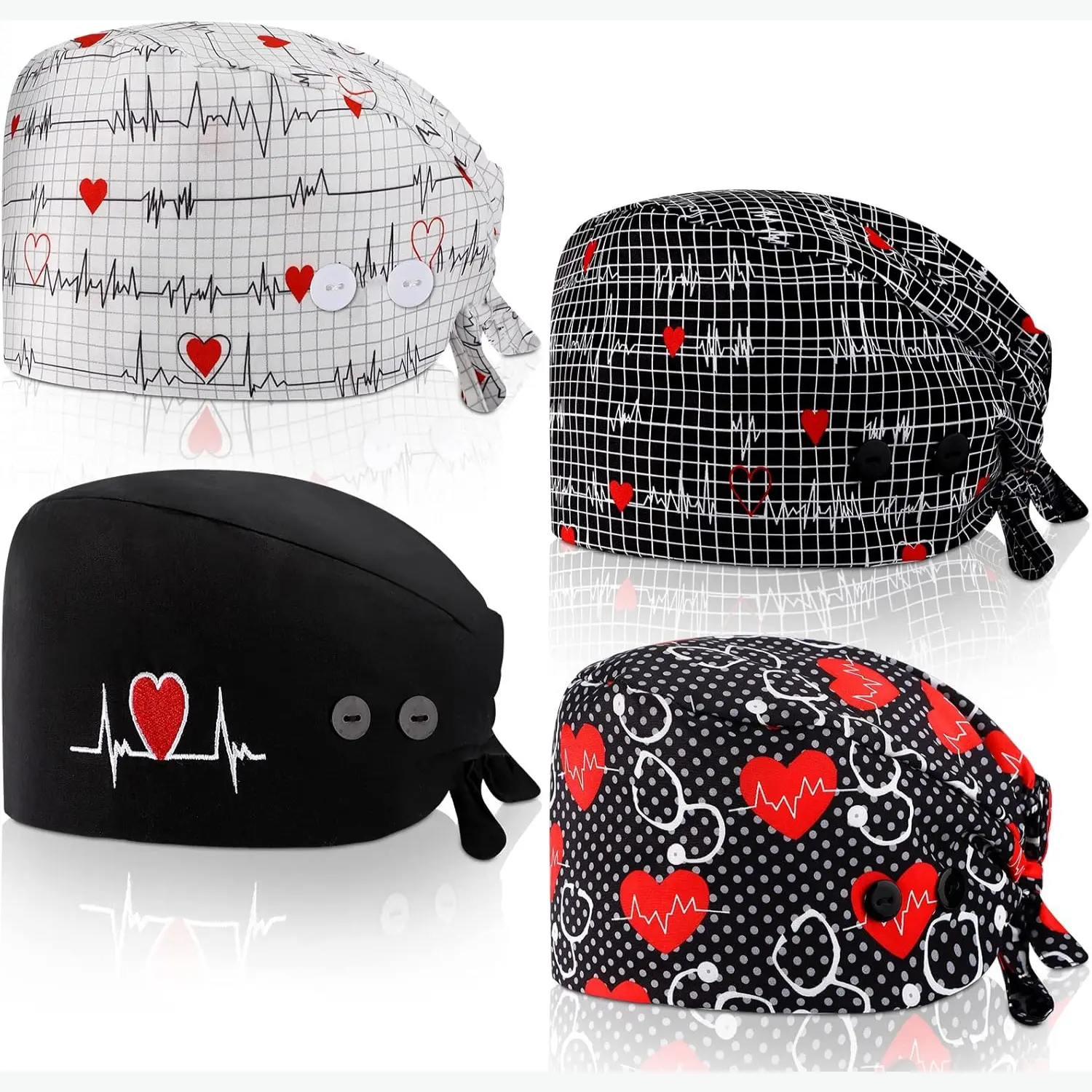 4 Pack Working Caps with Buttons and Sweatband Adjustable Elastic Scrub Hats Nurse Caps for Women