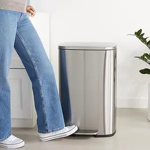 Amazon Basics Smudge Resistant Rectangular Trash Can With Soft-Close Foot Pedal, Brushed Stainless Steel, 50 Liter/13.2 Gallon, Satin Nickel Finish, 16.7"L x 14.7"W x 25.9"H Plastic Bucket