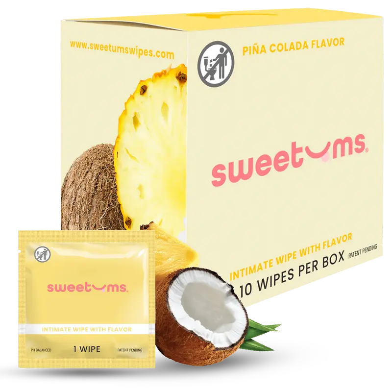 Piña Colada Flavored Wipes individually wrapped feminine hygience products, personal wipes for sensitive skin, dermatologist and gynecologist tested pineapple and coconut scented and flaored pH balanced
