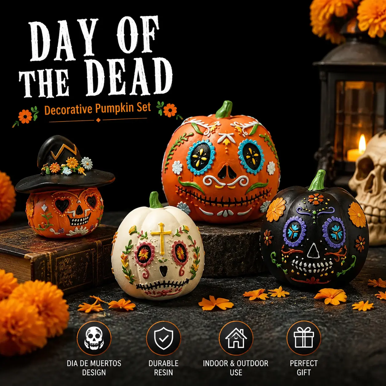 Day of the Dead Pumpkin Stack Decor, Hand Painted Sugar Skull Pumpkin Statue, Halloween Tabletop Decoration, Resin Pumpkin Figurine for Home Indoor Outdoor Decor