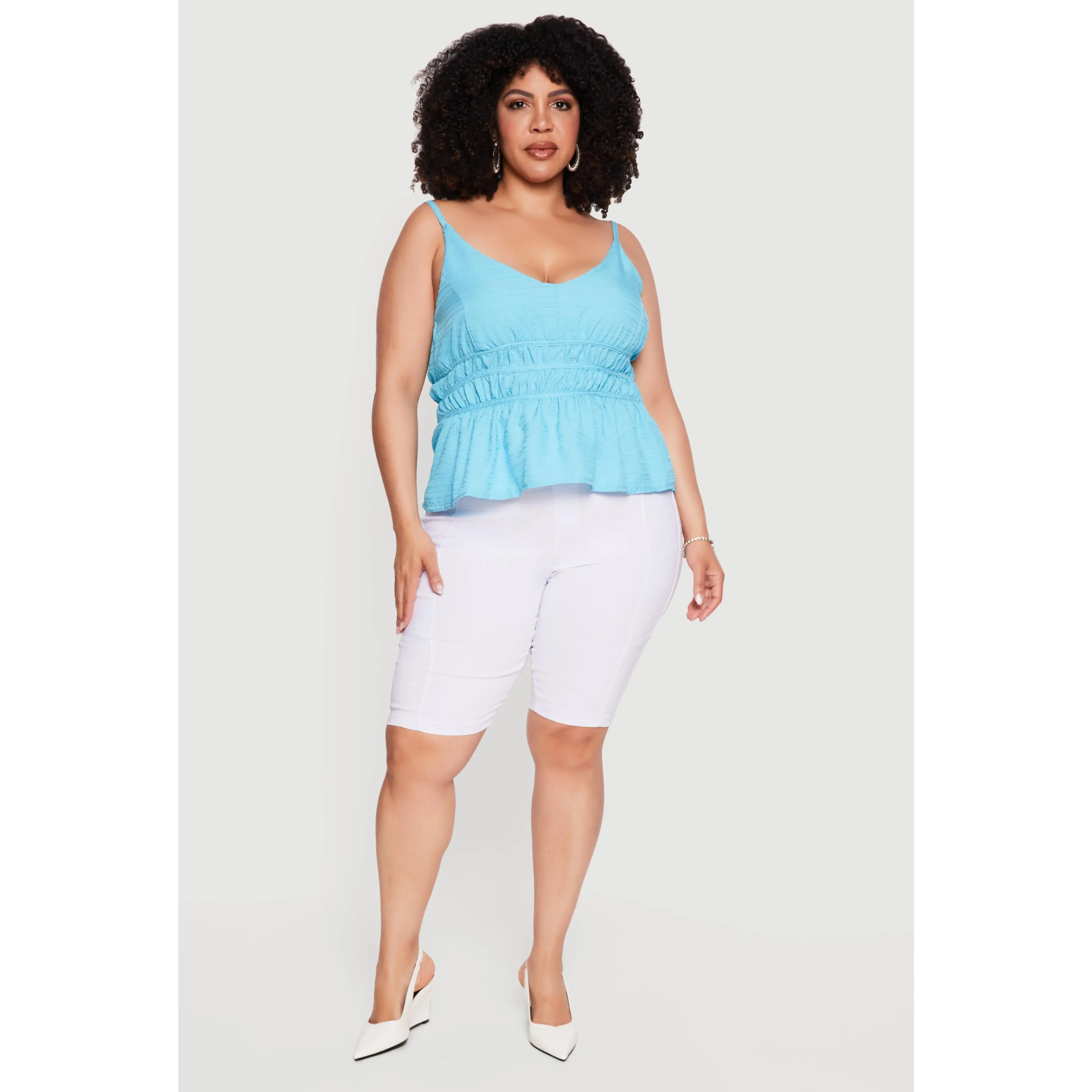 Plus Size Textured Knit V Neck Peplum Top