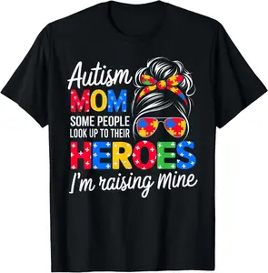 Autism Mom Shirts for Women Messy Bun Autism Awareness Summer Shortsleeve Cotton T-Shirt