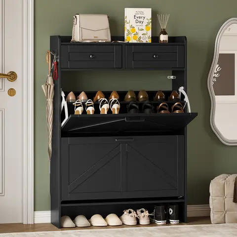 Wood Farmhouse Narrow Footwear Organization Drawer Dresser Cabinet - Black, 9.25d x 29.92w x 42.72h, 2 Flip Compartments, Top Drawer, Adjustable Shelves, Hooks, Freestanding Hidden Rack, Home Furniture, Room Storage Organizer for Entryway