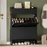 Wood Farmhouse Narrow Footwear Organization Drawer Dresser Cabinet - Black, 9.25d x 29.92w x 42.72h, 2 Flip Compartments, Top Drawer, Adjustable Shelves, Hooks, Freestanding Hidden Rack, Home Furniture, Room Storage Organizer for Entryway