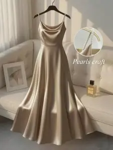 New Arrival Solid Color Elegant Dress, Hand Beaded Waist Shiny Gold Satin Slip Dress for Party & Club