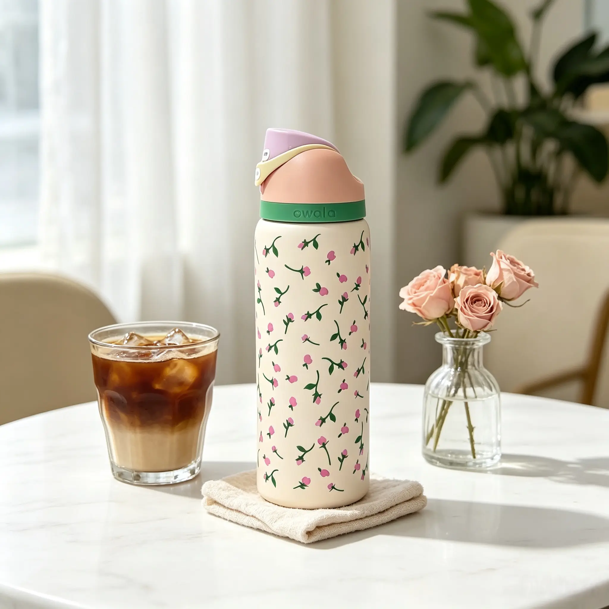 Owala 32oz Cream Dainty Tiny Pink Rose Bud Insulated Water Bottle with Flip Sip Lock Lid, Cute Mini Floral  Style Stainless Steel Travel Cup, Leakproof BPA-Free Girly Hydration Bottle for School & Gym Drinkware Flasks Bottled Tumbler Mug Portable