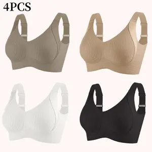 4PCS Women's Solid Wireless Push Up Bra Set - Full Cup, Adjustable Straps, Wire-Free Support, Anti-sagging, Removable Pads, Minimalist Ribbed Seamless Lingerie, Soft Comfortable Breathable Lightweight for Daily Wear & All Seasons