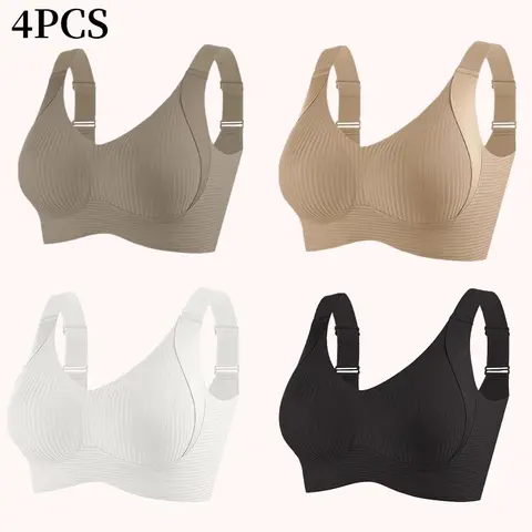 Women's 4PCS Solid Wireless Push Up Bras Set - Full Cup, Adjustable Straps, Anti-Sagging, Removable Pads, Minimalist Seamless Lingerie, Soft Comfortable Breathable Ribbed, Lightweight Bras for Women, Daily Wear