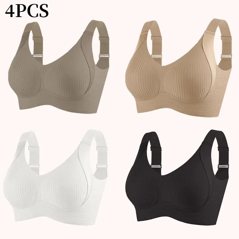 Women's 4PCS Solid Wireless Push Up Bras Set - Full Cup, Adjustable Straps, Anti-Sagging, Removable Pads, Minimalist Seamless Lingerie, Soft Comfortable Breathable Ribbed, Lightweight Bras for Women, Daily Wear