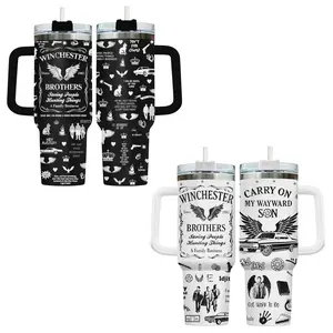 Winchester Brothers Supernatural Inspired 40oz Tumbler With Handle, Angel of the Lord Travel Mug, Stainless Steel Insulated Cup with Lid and Straw, TV Show Fan Drinkware Gift for Men Women, Black Aesthetic Mug for Hot and Cold Drinks, Reusable Cup