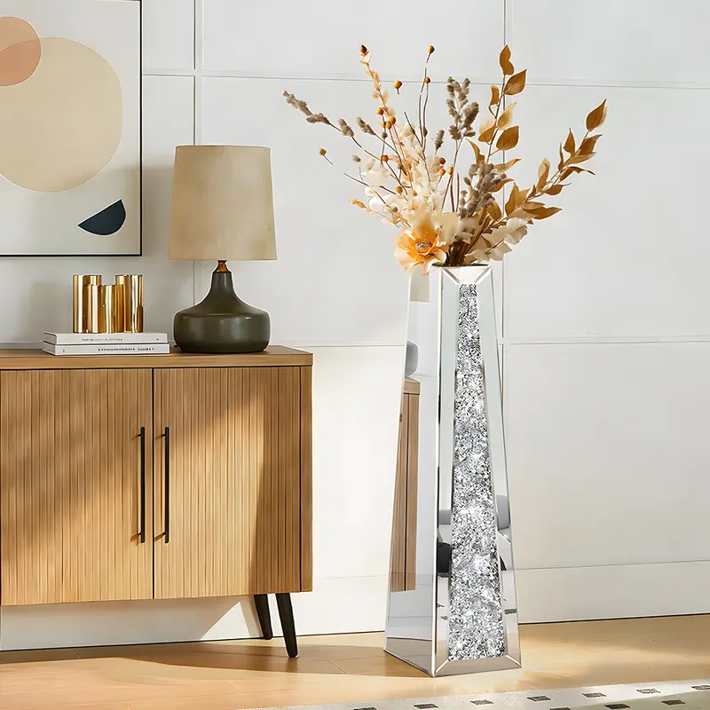 29-in Crushed Diamond Crystal-Accented Vase - Crystal-Inlay Front, Mirror-Side Shine, 3.22x6.61x29in Easy-to-Clean Home Decor Item, Living Room Dining Room Decor for Home Supplies Vase & Fillers