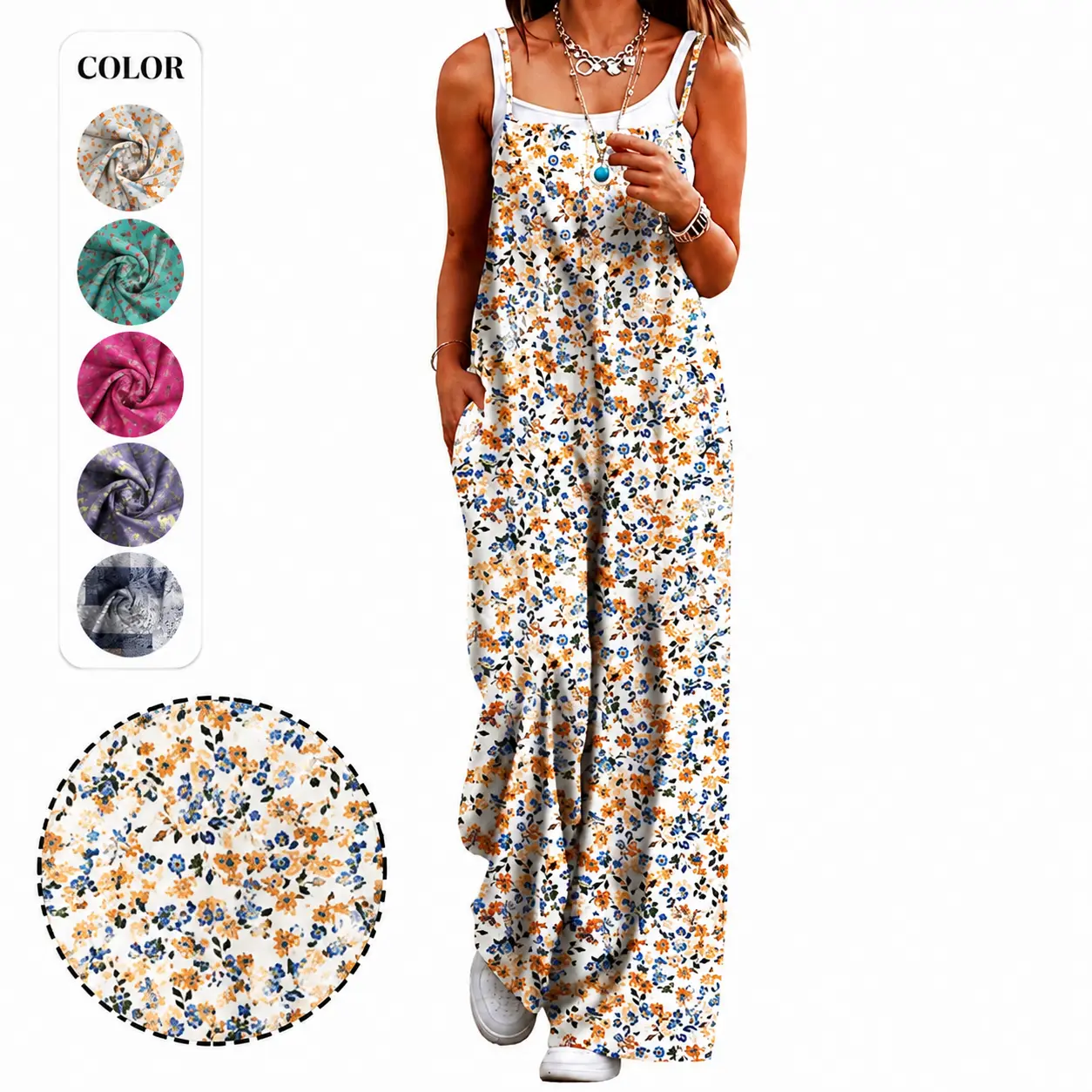 Women's Summer Bohemian Loose-Fit Wide-Leg Jumpsuit - Floral Print, Below-Ankle Length, With Pockets, Stylish 1-Piece Lady's Overalls