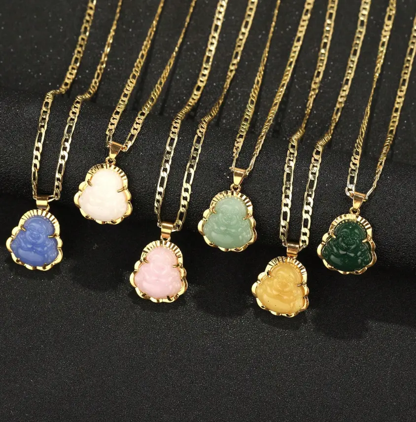 1pc Plated Buddha Pendant Necklace, Unisex, 3mm Flat Figaro Chain Necklace