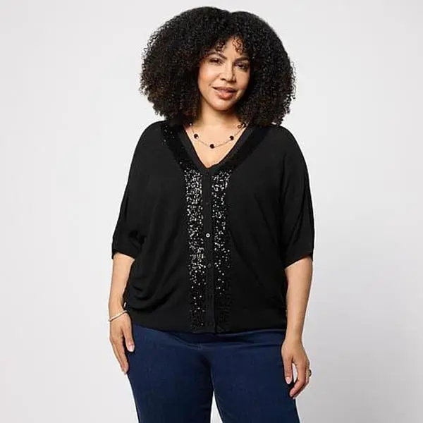 Jaclyn Smith Dolman Sleeve Sequin Trim Cocoon Cardigan