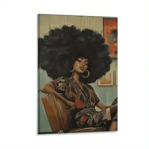 Black Hair Shop Art – Vintage 70s Afro Art Poster, Luxury Afrocentric Home Decor, Empowering African American Woman Retro Boho Gift, 1pc Framed Canvas Wall Art
