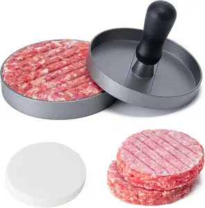 Non-Stick Aluminum Burger Press & Smasher 4.6" Hamburger Maker with 100 Patty Papers for Perfect Uniformity & Even Cooking Kitchen Must-Have - Meat