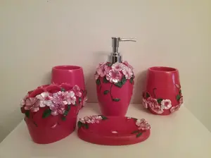 Red Bathroom Accessory Set with Floral Design Includes Soap Dispenser Toothbrush Holder Tumbler and Soap Dish