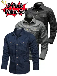 3-Pack 3pcs 3counts Long Sleeve Collared Shirt Tops for Men, Casual Slim-Fit Woven Fabric, Multi-Pocket Design, All-Season Outdoor Wear, Plain Pattern