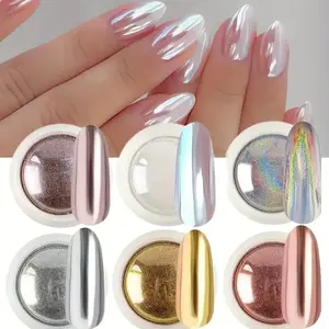 6pcs Chrome Mirror Powder Set, & Silver Color Metallic Nail Art Accessories, Aurora Rainbow Effect, Stunning Nail Design, Nail Kit Set