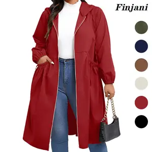 FINJANI Plus Size Solid Drawstring Zip Up Hooded Lightweight Windbreaker Coat Women's Casual Long Sleeve Pocket Outerwear for Fall & Spring Waterproof Windproof Trench Coat