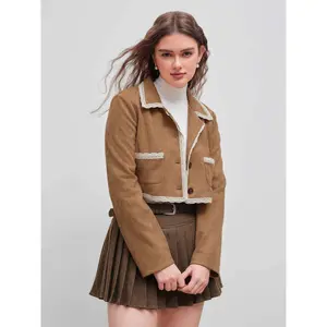 Cider [size 2-10] Suede Collar Solid Contrasting Binding Zipper Crop Bomber Jacket