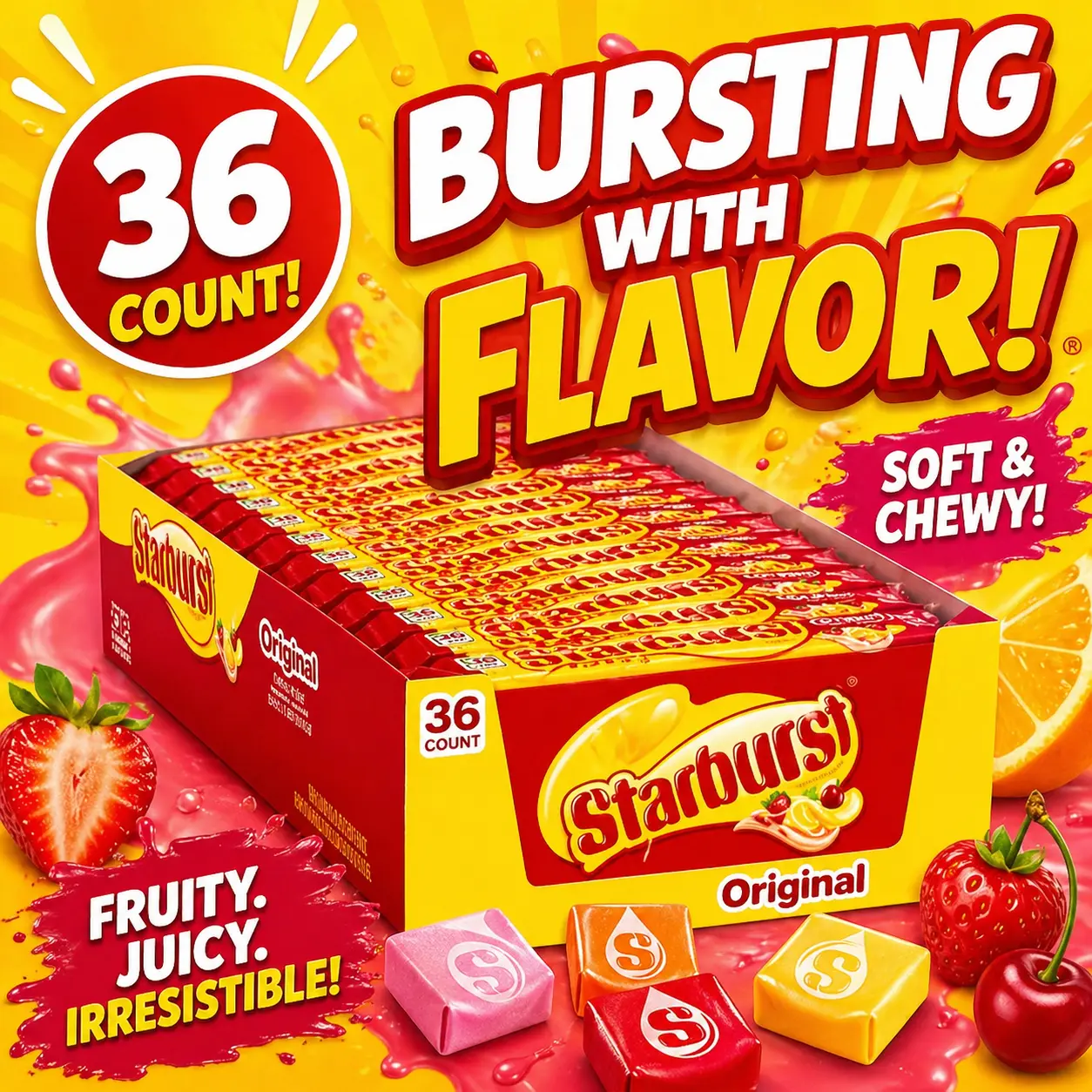 Starburst Original Fruit Chews 36 Count Tray  Assorted Fruit Chewy Candy | Individually Wrapped Bulk Treats for Parties & Sharing
