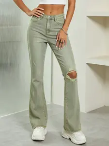 Women's High Waist Ripped Micro Flare Jeans, Vintage Washed Bell Bottoms, Millennial Style Slim Fit Elastic Denim Long Pants