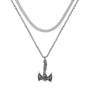 OIDEA Viking Axe Necklace for Men Stainless Steel Norse Pagan Wolf Raven Battle Axe Pendant Cuban Wheat Double Chain 22 Inch Amulet Gift