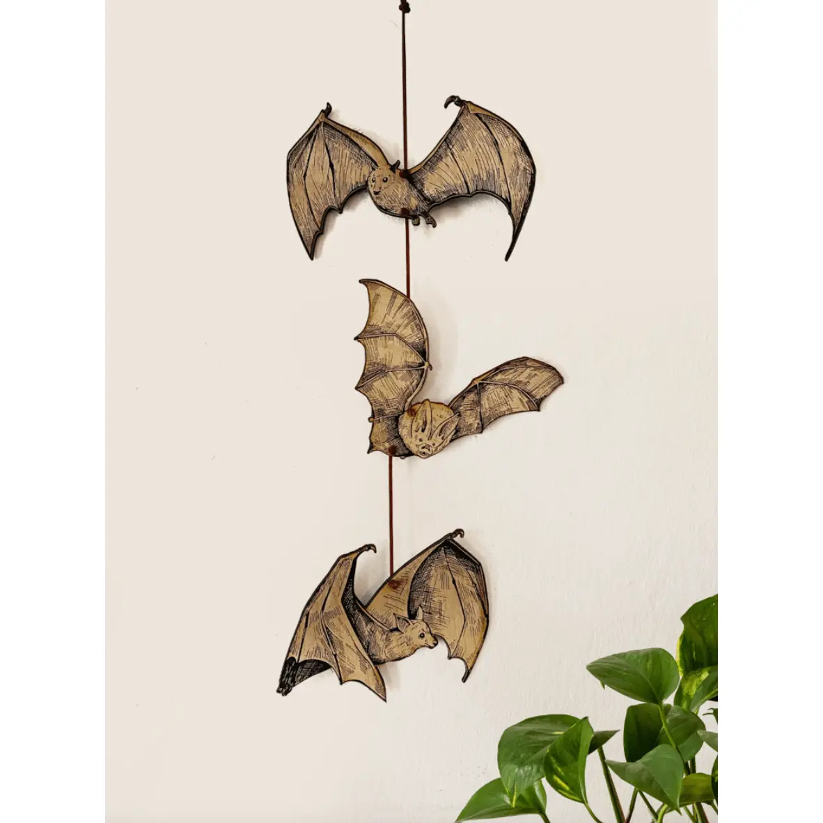 Bat Wood Garland: 3-Piece Stained Black Birch & Vegan Leather