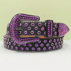 Black/Purple Western Rhinestone Belt for Women and Men – Luxury Crystal Buckle, Vintage Rivets, Non-Textile Materials, Medium to Large Sizes, Suitable for Nights Out, Weekends, Casual Wear, Festivals, Sports, Weddings, Parties, College, and Daily Commutes