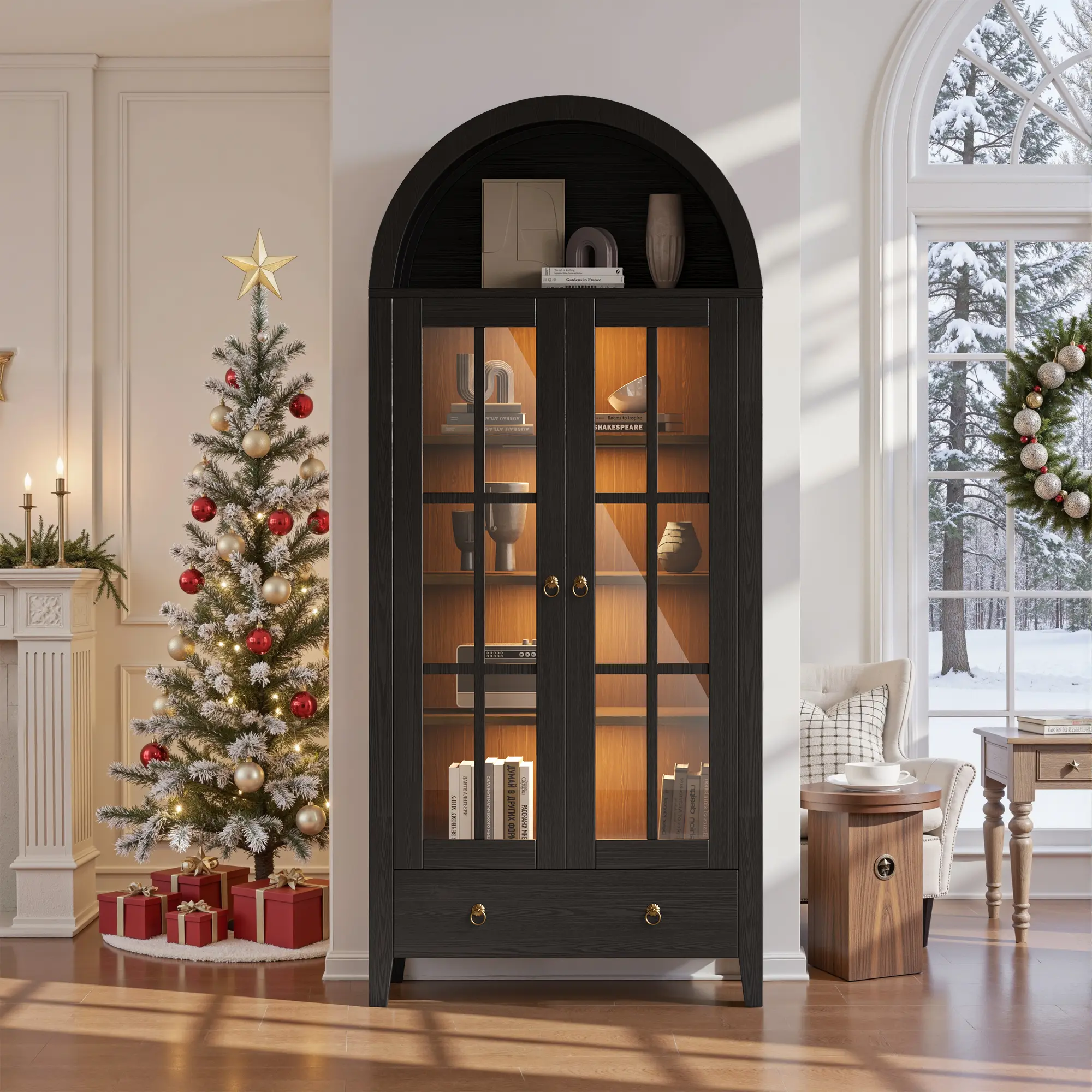 ALLWEX 70" Modern Arched Display Cabinet with Glass Doors, Tall Storage Cabinet with LED Lighting, Adjustable Shelves & Drawers, Elegant Curio Cabinet for Living Room, Dining Room, Kitchen and Bedroom