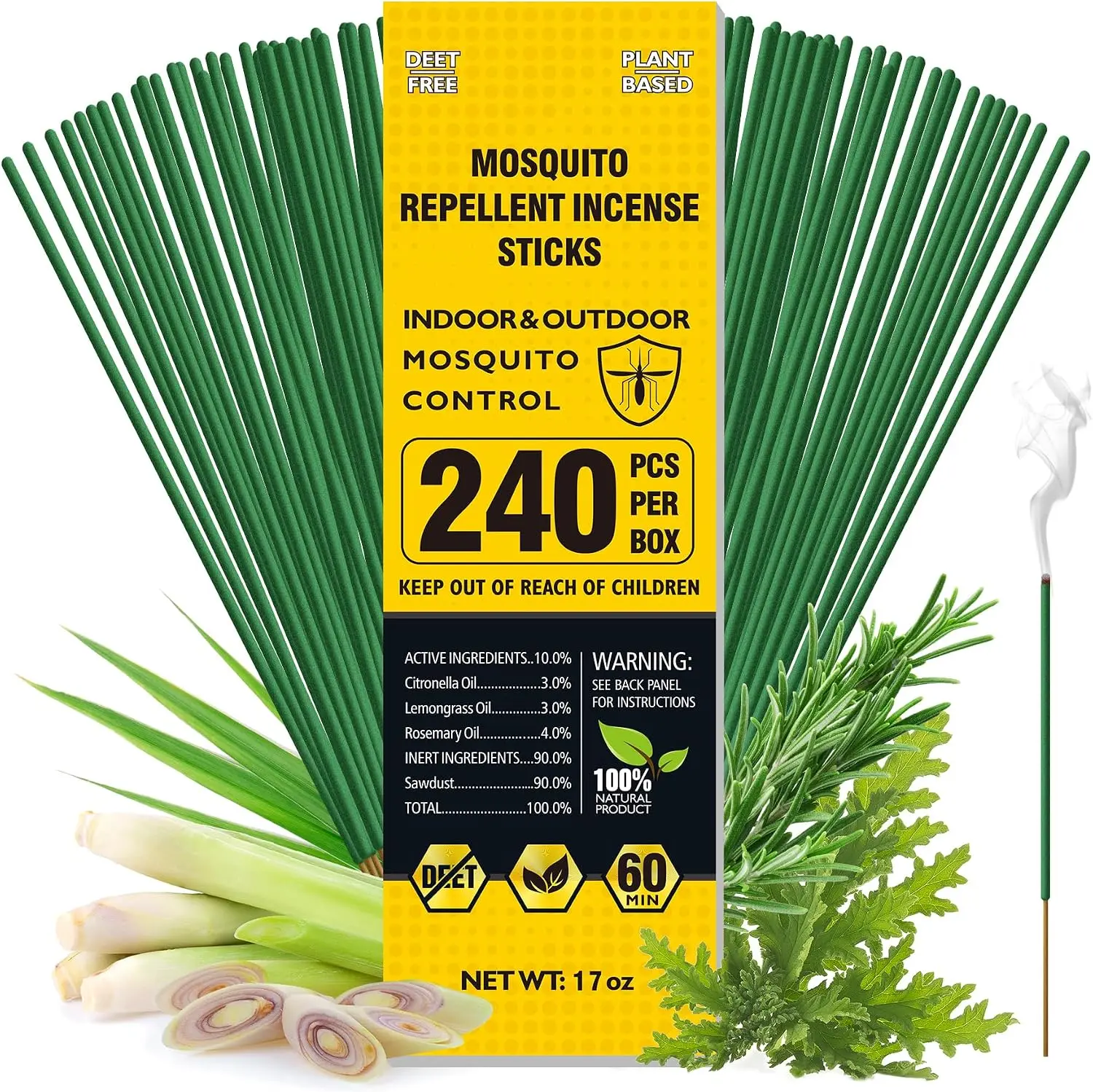 BugBai Mosquito Repellent Outdoor Patio, 240 PCS Natural Plant-Based Citronella Oil Incense Sticks Indoor Home Pet Family Safe, DEET Free Bug Insect Control Repellent for Yard Garden Camping Fishing