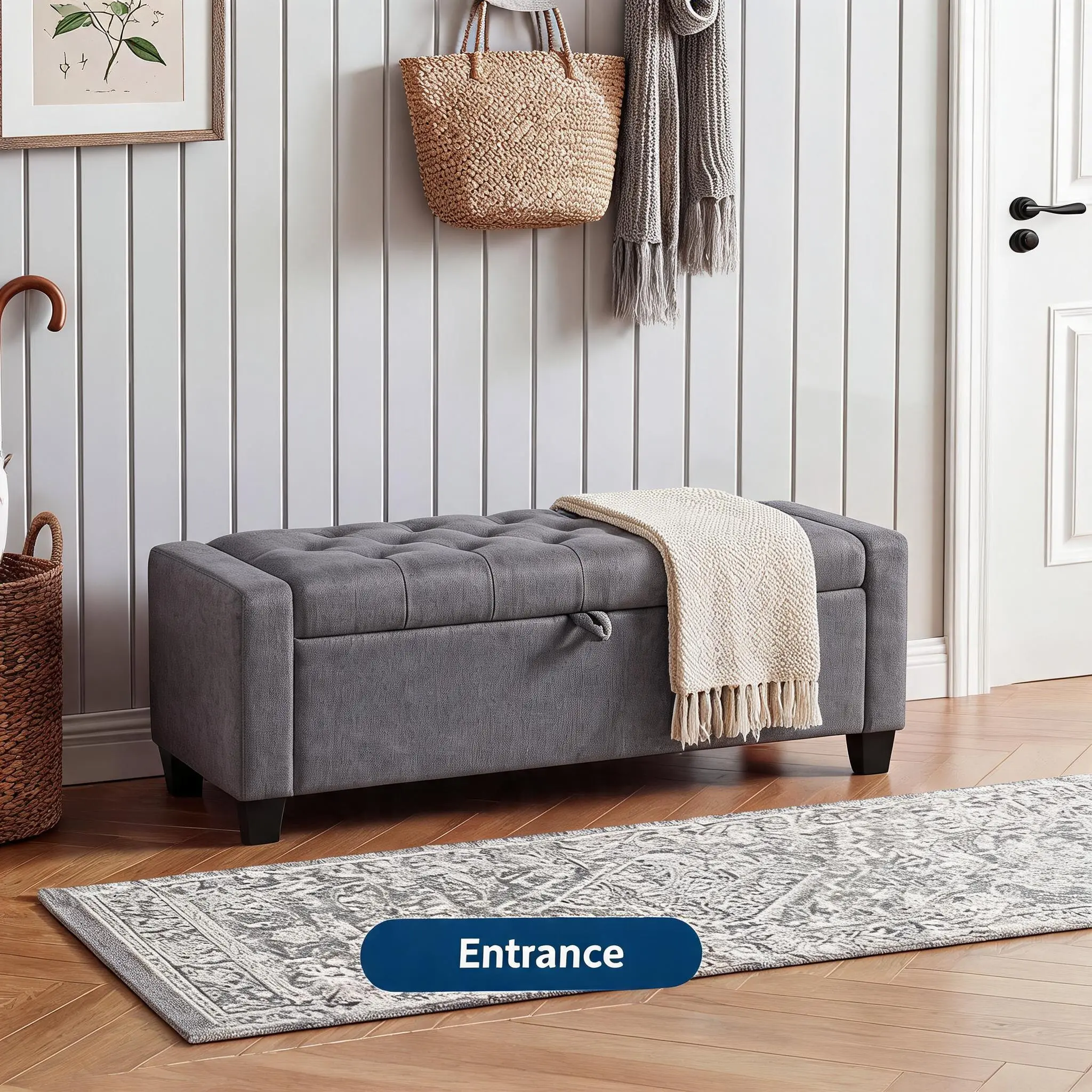 50.8-Inch Classic Linen Fabric Cushioned Storage Ottoman, Compact Space-Saving Tufted Bench for Bedroom, Upholstered Entryway Shoe Bench, Compact Space-Saving Footstools & Ottomans