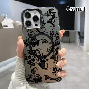 Magnetic Phone Case for iPhone 15 Pro Max 16 Plus 14 13 12 11 E Elegant Black Floral Pattern Matte Shockproof Anti-Scratch Stylish Smartphone Cover Cellphone Protective